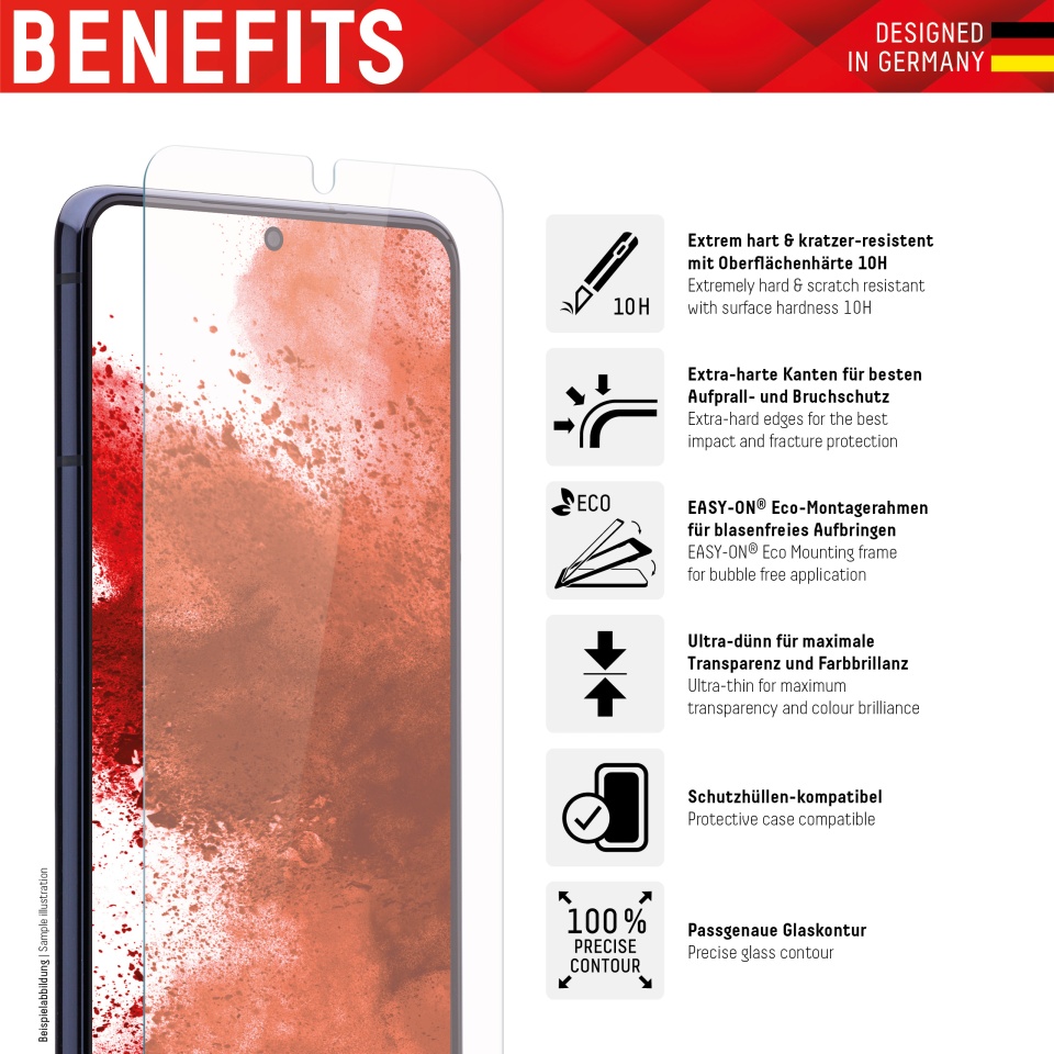 Folie Premium pentru Samsung Galaxy S22 Plus 5G, Displex, sticla securizata, cadru de monatare, priectat in Germania, Transparent - 1 | YEO