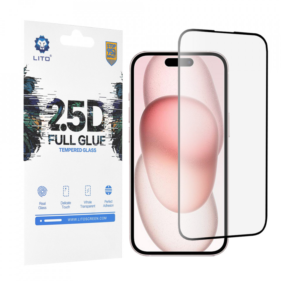 Folie sticla iPhone 15, 2.5D FullGlue Lito - Negru