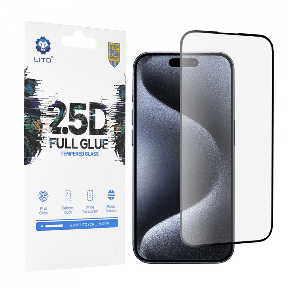 Folie sticla iPhone 15 Pro, 2.5D FullGlue Lito - Negru