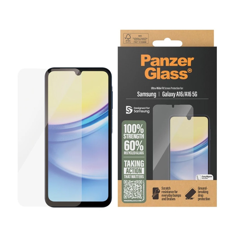 Folie Sticla pentru Samsung Galaxy A16 4G / Galaxy A16 5G, Ultra-Wide Fit w. EasyAligner, PanzerGlass, Anti-Soc si Anti-Bule, Transparent