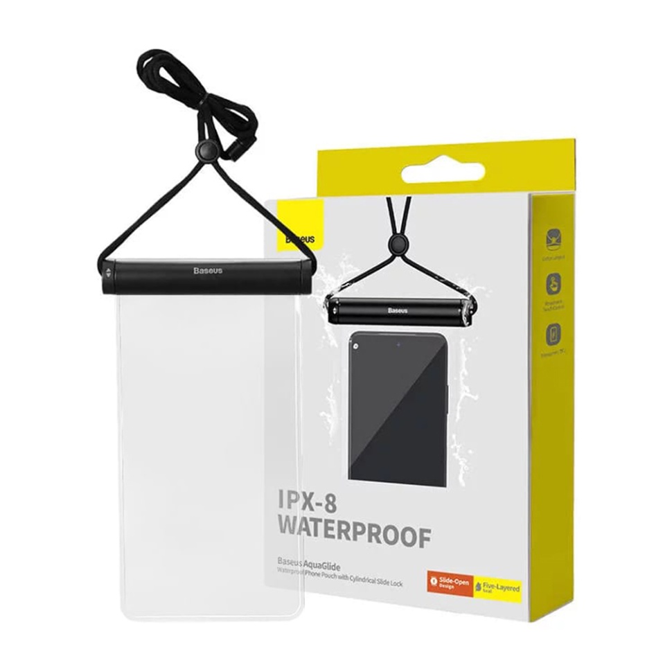 Husa de Telefon Waterproof Universala, Baseus P60263701, IPX8 adancime 30m, Lanyard inclus, Negru