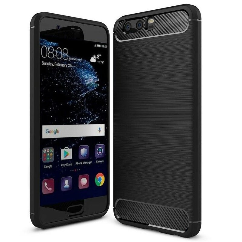 Husa Huawei P10 Plus din silicon, Slim, cu textura Fibra Carbon - Negru
