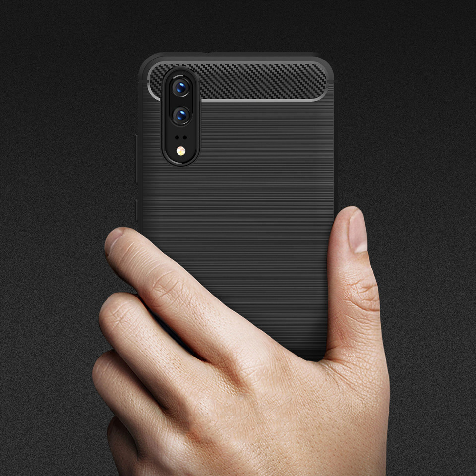 Husa Huawei P20 din silicon, Slim, cu textura Fibra Carbon - Negru - 1 | YEO
