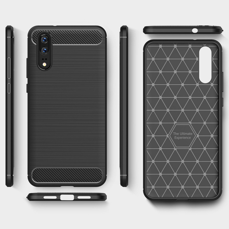 Husa Huawei P20 din silicon, Slim, cu textura Fibra Carbon - Negru - 2 | YEO