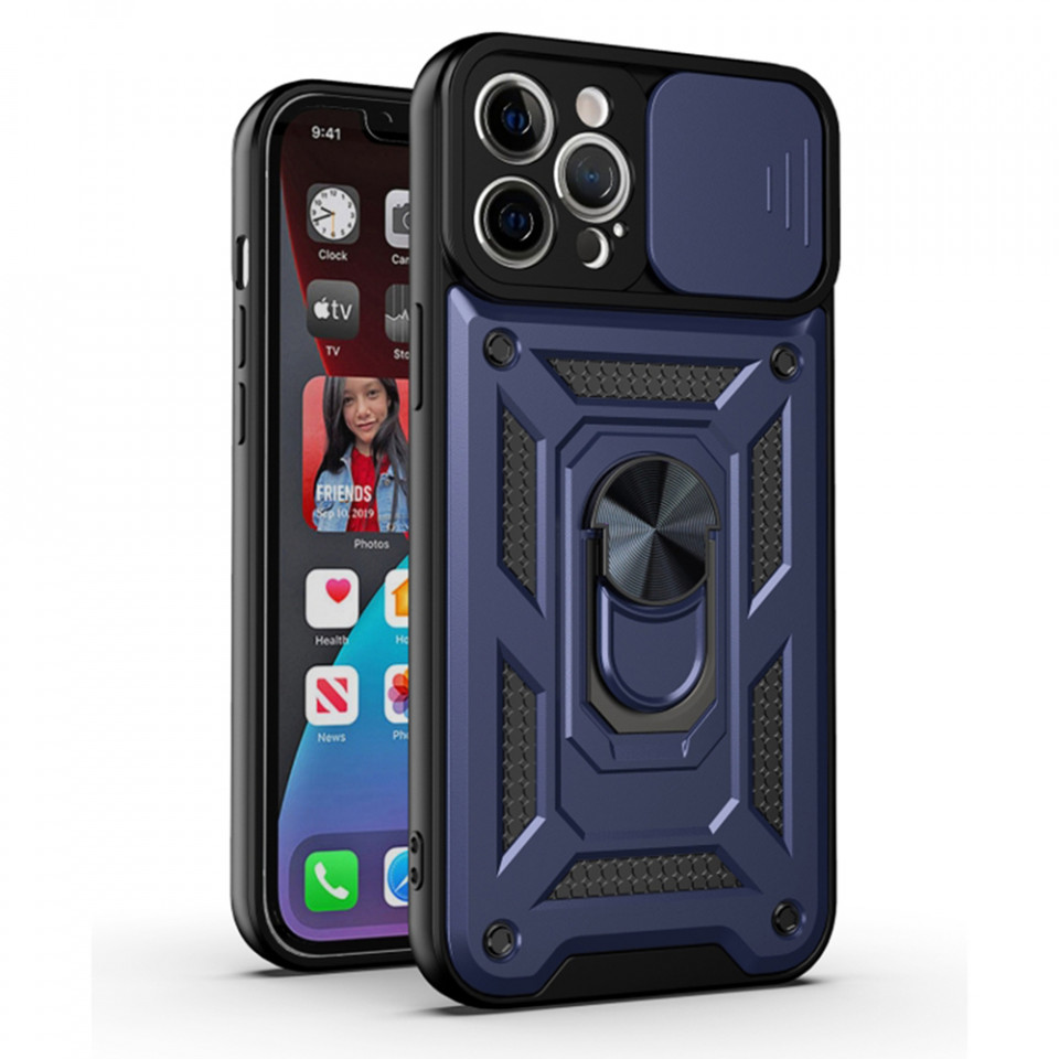 Husa iPhone 11 Pro cu inel magnetic si protectie camera Skyddar CamShield - Albastru