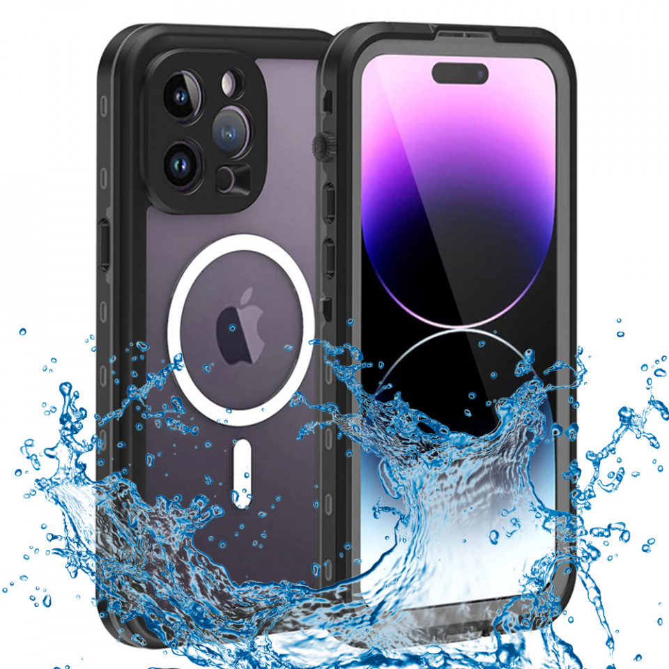 Husa iPhone 14 Pro Max rezistenta la apa, Waterproof IP68, ShellBox - Negru