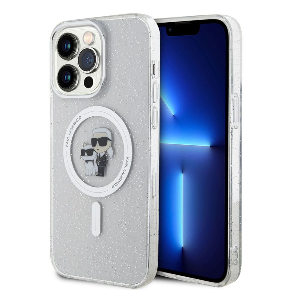 Husa iPhone 15 Pro Max Glitter MagSafe, Karl Lagerfeld - Transparent Karl & Choupette