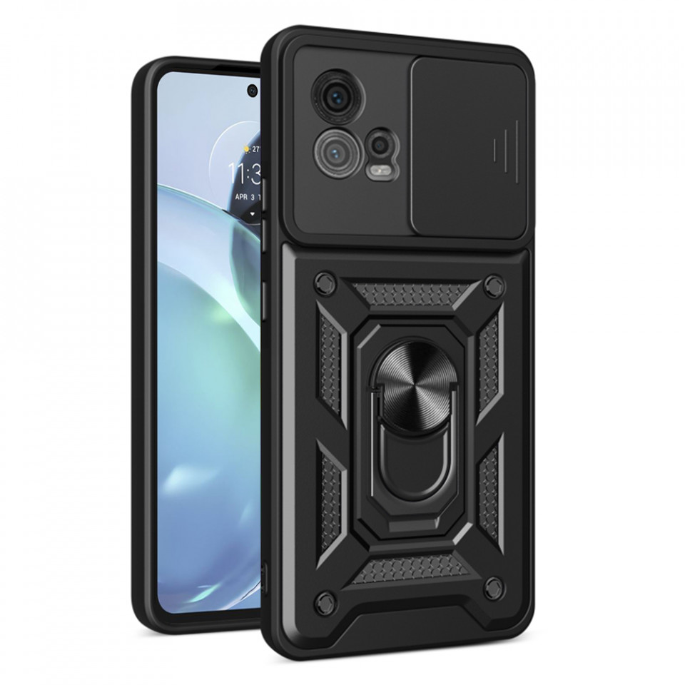 Husa Motorola Moto G72 cu inel magnetic si protectie camera Skyddar CamShield - Negru