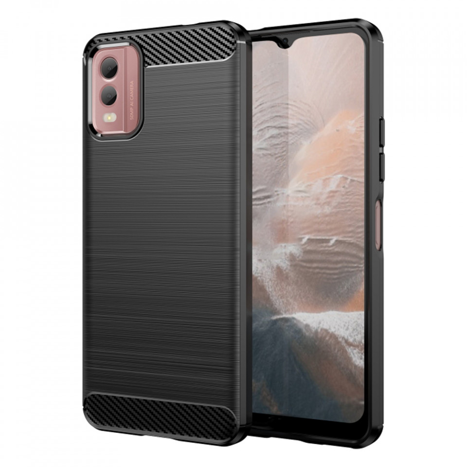 Husa Nokia C32 din silicon, Slim, cu textură Fibra Carbon - Negru