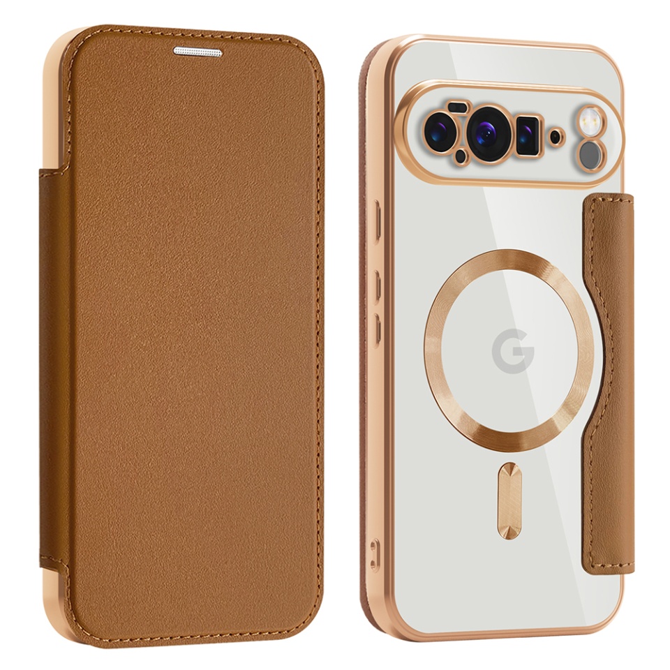 Husa pentru Google Pixel 10 Pro XL tip carte, SKYDDAR INOVATION, SmartMag Book, Magsafe, RFiD, Suport Carduri, set cu sticker, Maro - 1 | YEO