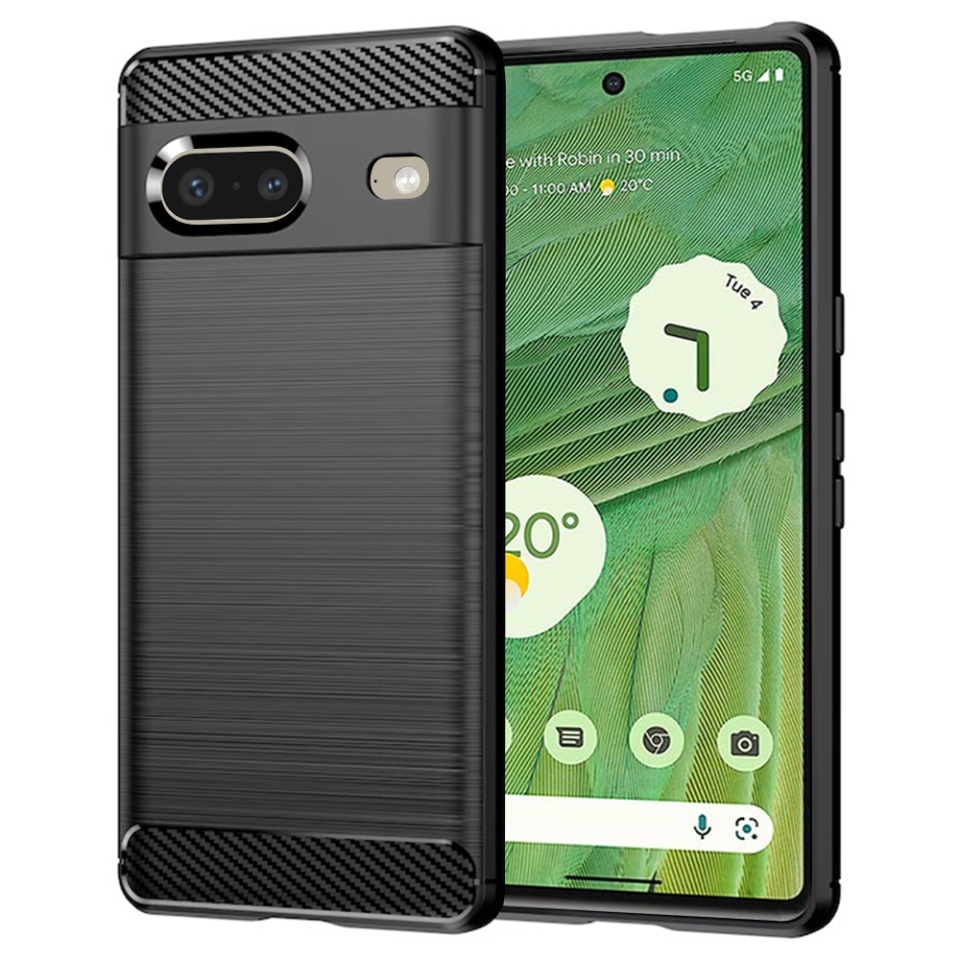 Husa pentru Google Pixel 7, SKYDDAR INNOVATION, Carbon Silicone, din Silicon Slim, cu textura Fibra Carbon, set cu sticker, Negru
