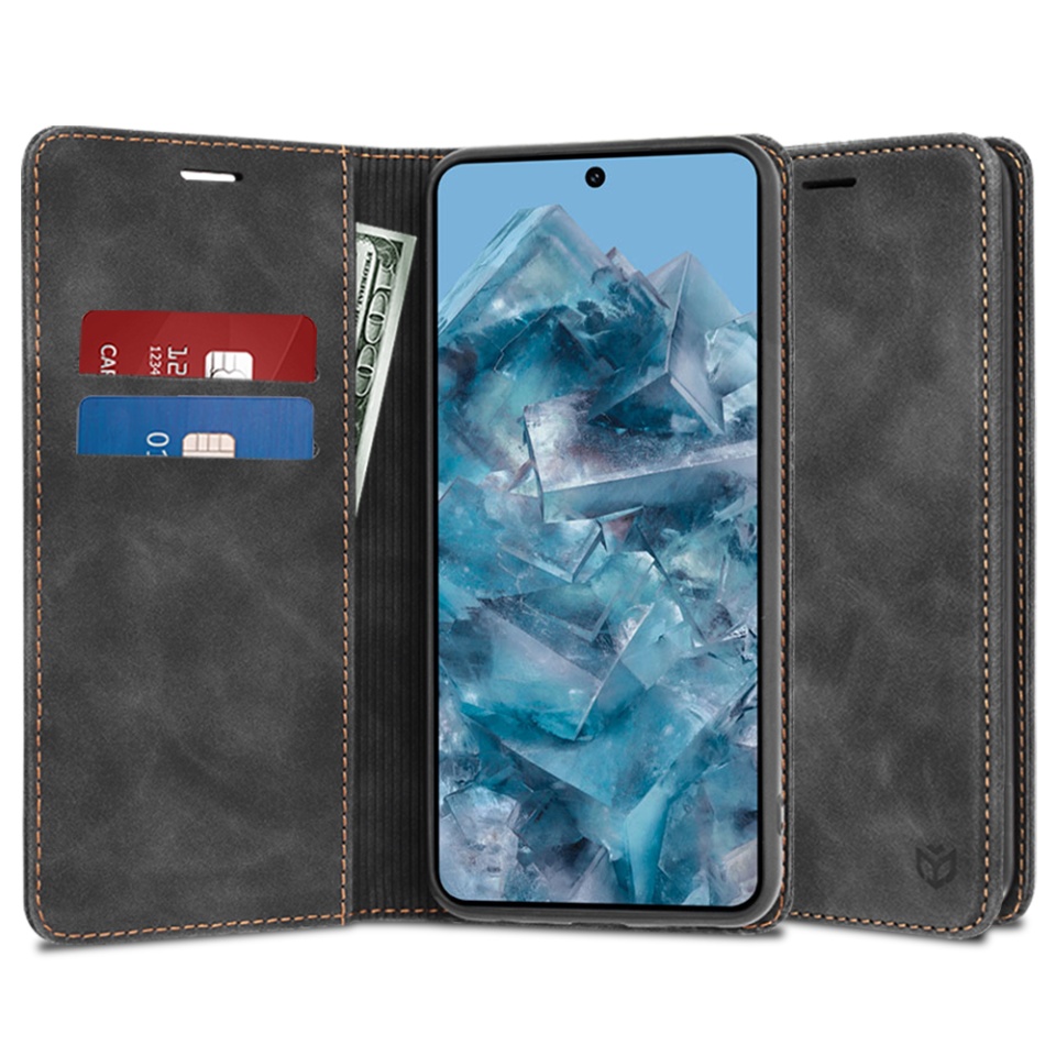 Husa pentru Google Pixel 8 Pro, SKYDDAR INNOVATION, Soft Wallet, tip Carte din piele Eco Premium, cu Portofel Interior, Negru, set cu sticker