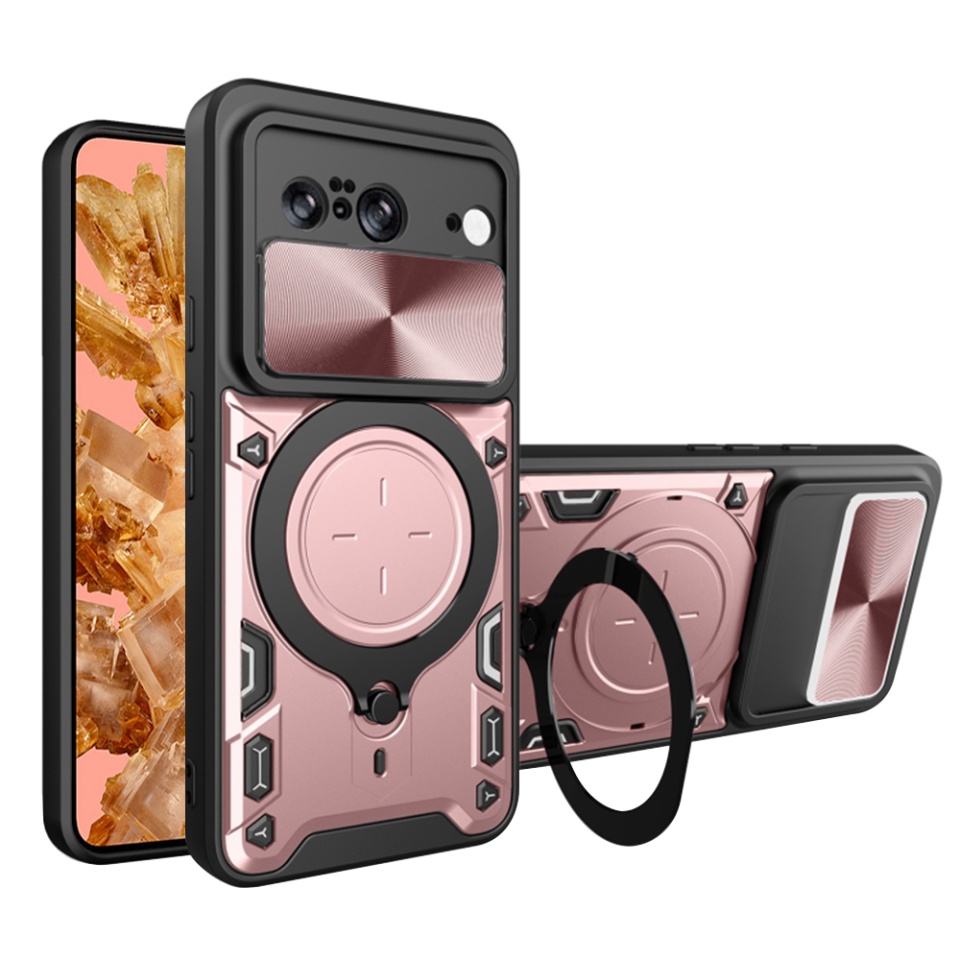 Husa pentru Google Pixel 8, SKYDDAR INNOVATION, CamGuard Pro, Inel Magnetic, Protectie Camera, set cu sticker, Roz auriu