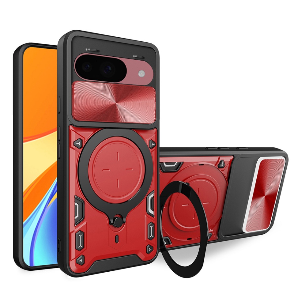 Husa pentru Google Pixel 9 / Pixel 9 Pro, cu inel magnetic si suport ajustabil, protectie completa camera, SKDR SafeCover - Rosu