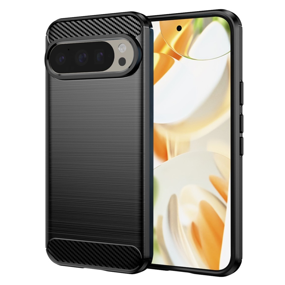 Husa pentru Google Pixel 9 / Pixel 9 Pro, SKYDDAR INNOVATION, Carbon Silicone, din Silicon Slim, cu textura Fibra Carbon, set cu sticker, Negru