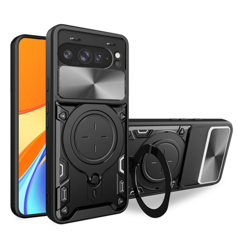 Husa pentru Google Pixel 9 Pro XL, cu inel magnetic si suport ajustabil, protectie completa camera, SKDR SafeCover - Negru