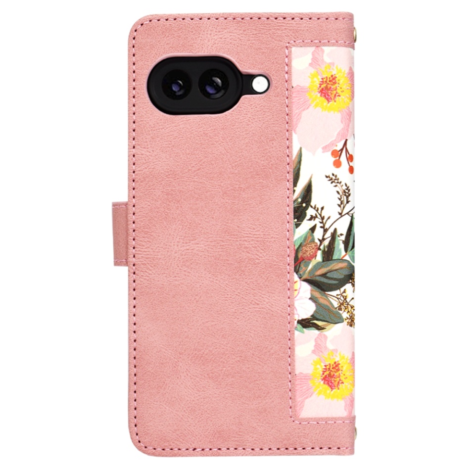 Husa pentru Google Pixel 9a din Piele Ecologică cu Design Floral, Protecție 360°, Stand Integrat, Buzunare pentru Carduri, SKDR Floral Wallet - Roz - 2 | YEO