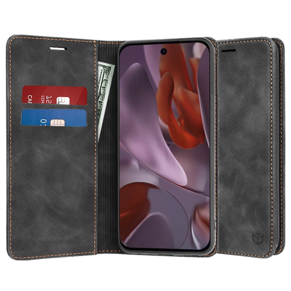 Husa pentru Google Pixel 9a, SKYDDAR INNOVATION, Soft Wallet, tip Carte din piele Eco Premium, cu Portofel Interior, Negru, set cu sticker