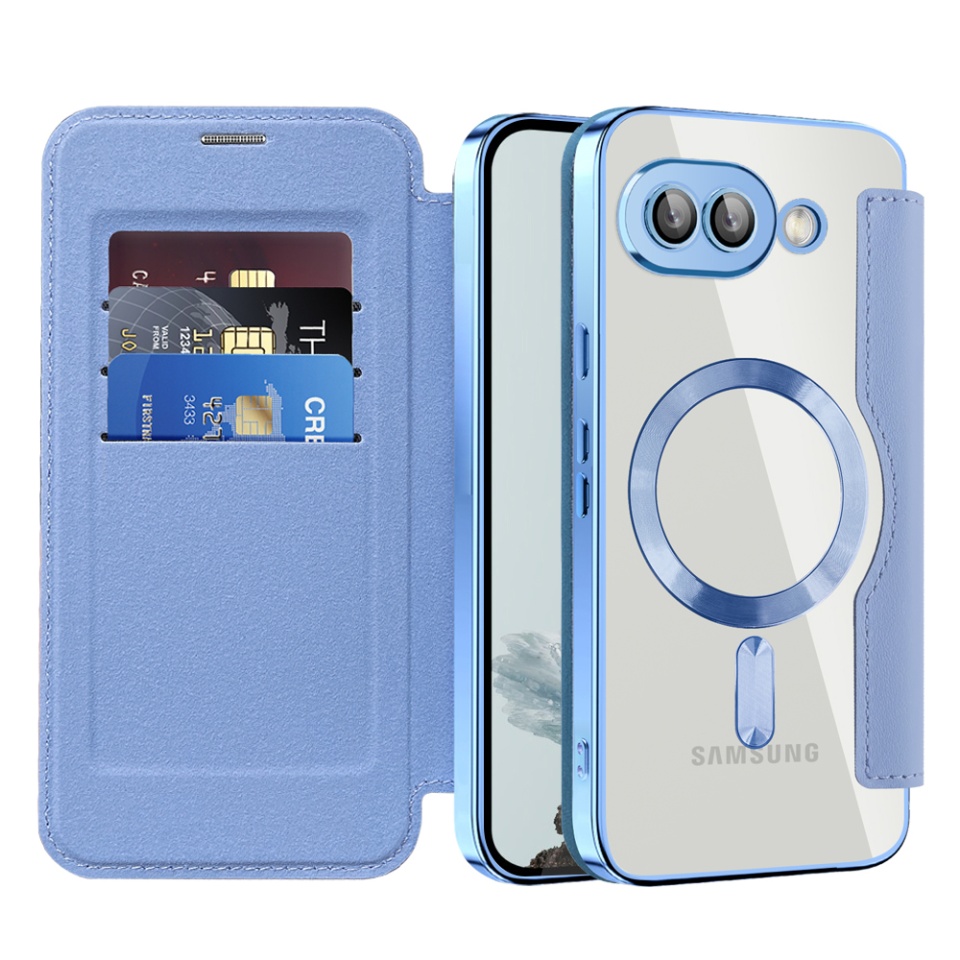 Husa pentru Google Pixel 9a tip carte, SKYDDAR INOVATION, SmartMag Book, Magsafe, RFiD, Suport Carduri, set cu sticker, Bleu