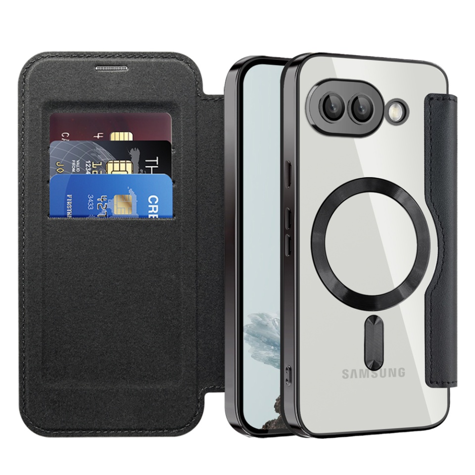 Husa pentru Google Pixel 9a tip carte, SKYDDAR INOVATION, SmartMag Book, Magsafe, RFiD, Suport Carduri, set cu sticker, Negru