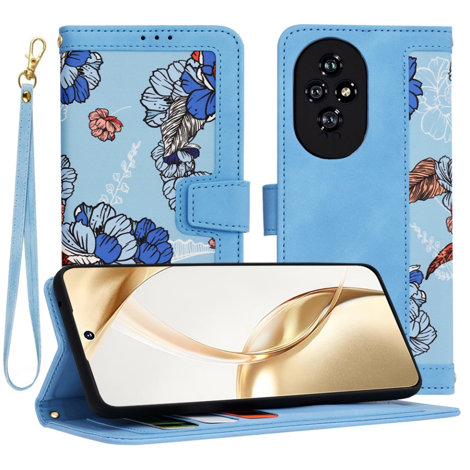 Husa pentru Honor 200 din Piele Ecologică cu Design Floral, Protecție 360°, Stand Integrat, Buzunare pentru Carduri, SKDR Floral Wallet - Bleu