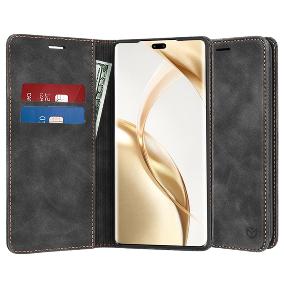 Husa pentru Honor 200 Pro, SKYDDAR INNOVATION, Soft Wallet, tip Carte din piele Eco Premium, cu Portofel Interior, Negru, set cu sticker