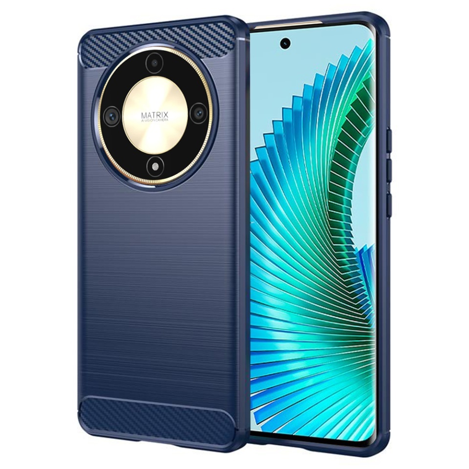 Husa pentru Honor Magic6 Lite, SKYDDAR INNOVATION, Carbon Silicone, din Silicon Slim, cu textura Fibra Carbon, set cu sticker, Albastru