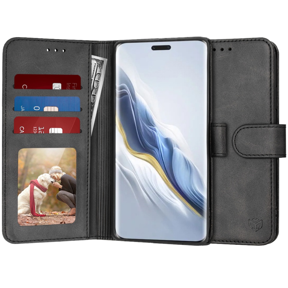 Husa pentru Honor Magic6 Pro, SKYDDAR INNOVATION, Diary Book, tip carte, cu Portofel Interior, Antisoc, Negru, set cu sticker