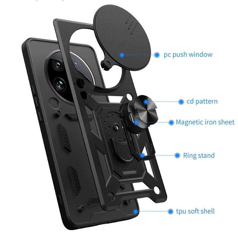Husa pentru Honor Magic7 Pro cu inel magnetic si protectie camera CamShield cu sticker - Negru - 1 | YEO