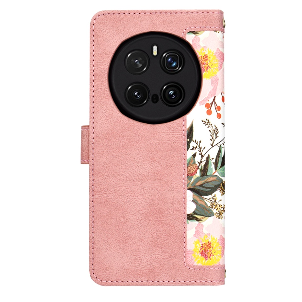 Husa pentru Honor Magic7 Pro din Piele Ecologică cu Design Floral, Protecție 360°, Stand Integrat, Buzunare pentru Carduri, SKDR Floral Wallet - Roz - 2 | YEO