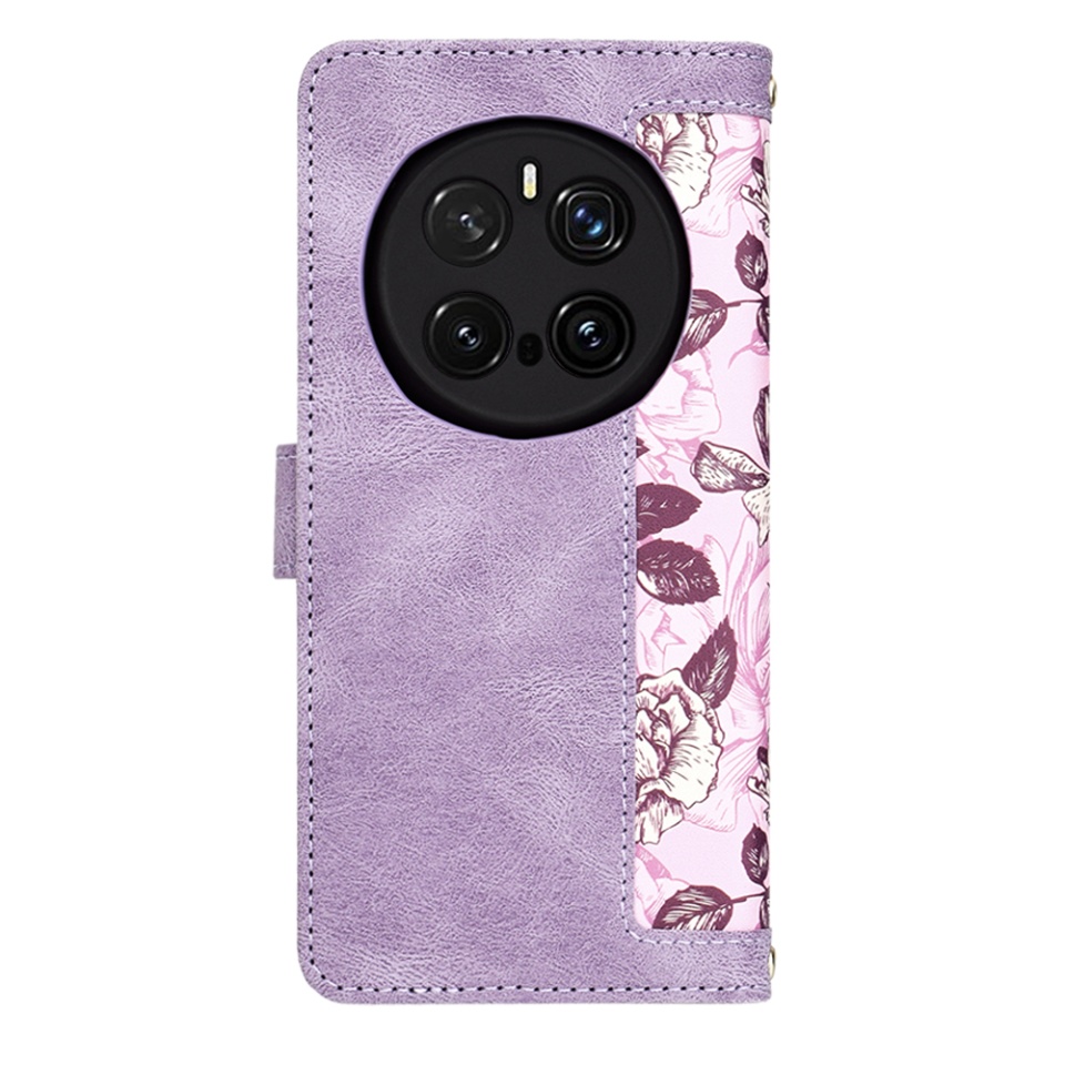 Husa pentru Honor Magic7 Pro din Piele Ecologică cu Design Floral, Protecție 360°, Stand Integrat, Buzunare pentru Carduri, SKDR Floral Wallet - Mov - 2 | YEO