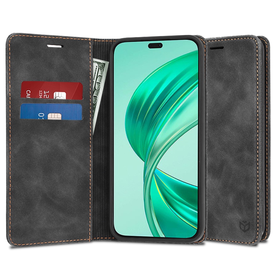 Husa pentru Honor X8b, SKYDDAR INNOVATION, Soft Wallet, tip Carte din piele Eco Premium, cu Portofel Interior, Negru, set cu sticker