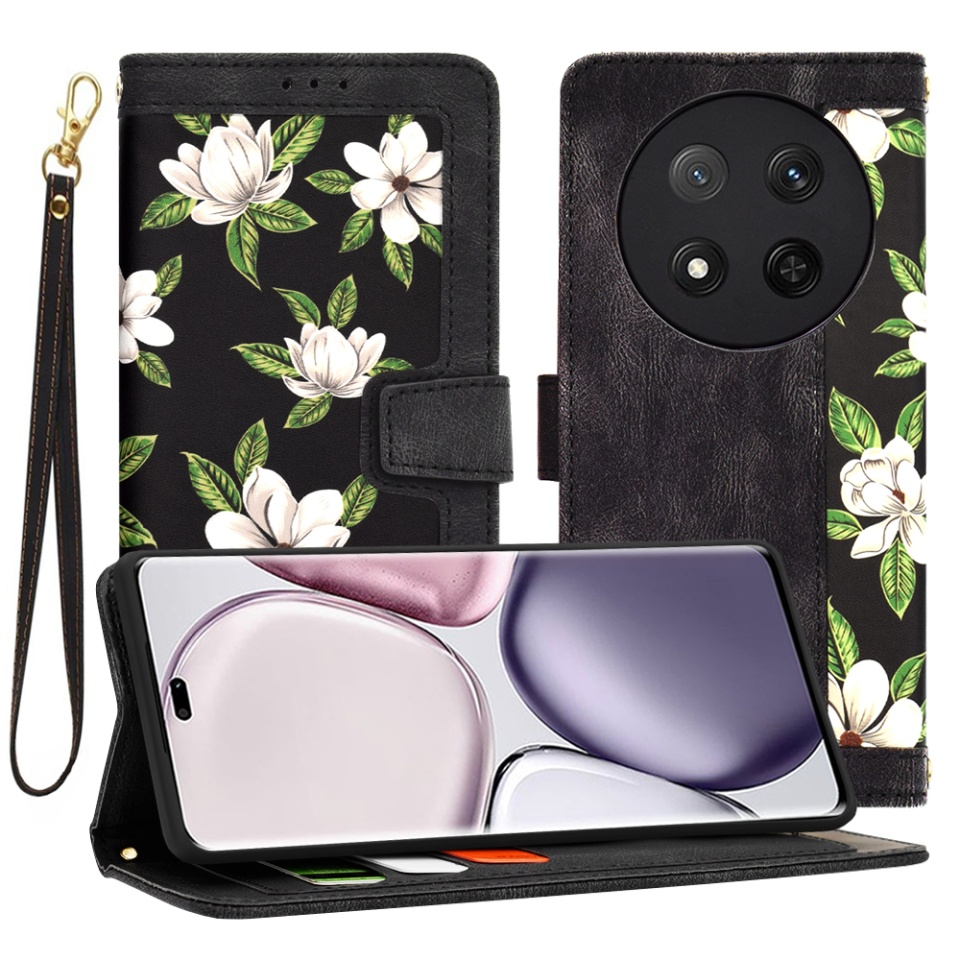 Husa pentru Honor X9c / Magic7 Lite din Piele Ecologică cu Design Floral, Protecție 360°, Stand Integrat, Buzunare pentru Carduri, SKDR Floral Wallet - Negru