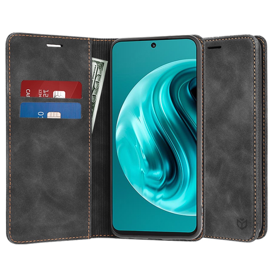 Husa pentru Huawei nova 12i / nova 13i, SKYDDAR INNOVATION, Soft Wallet, tip Carte din piele Eco Premium, cu Portofel Interior, Negru, set cu sticker