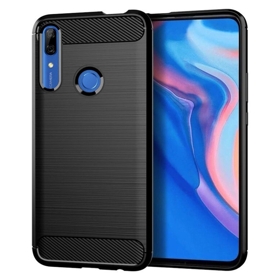 Husa pentru Huawei P Smart Z, SKYDDAR INNOVATION, Carbon Silicone, din Silicon Slim, cu textura Fibra Carbon, set cu sticker, Negru