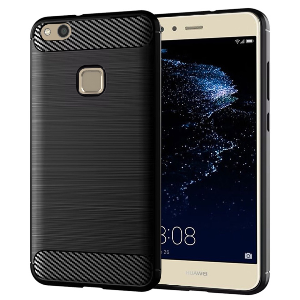 Husa pentru Huawei P10 Lite, SKYDDAR INNOVATION, Carbon Silicone, din Silicon Slim, cu textura Fibra Carbon, set cu sticker, Negru