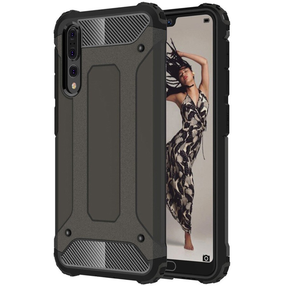 Husa pentru Huawei P20 Pro, SKYDDAR INNOVATION, Hybrid Armor, din Plastic Dur, Margini Cauciucate, Antisoc, set cu sticker, Negru
