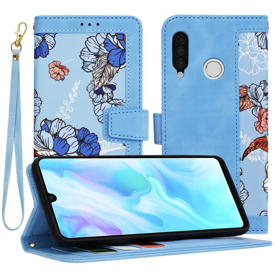 Husa pentru Huawei P30 Lite / P30 Lite New Edition din Piele Ecologică cu Design Floral, Protecție 360°, Stand Integrat, Buzunare pentru Carduri, SKDR Floral Wallet - Bleu