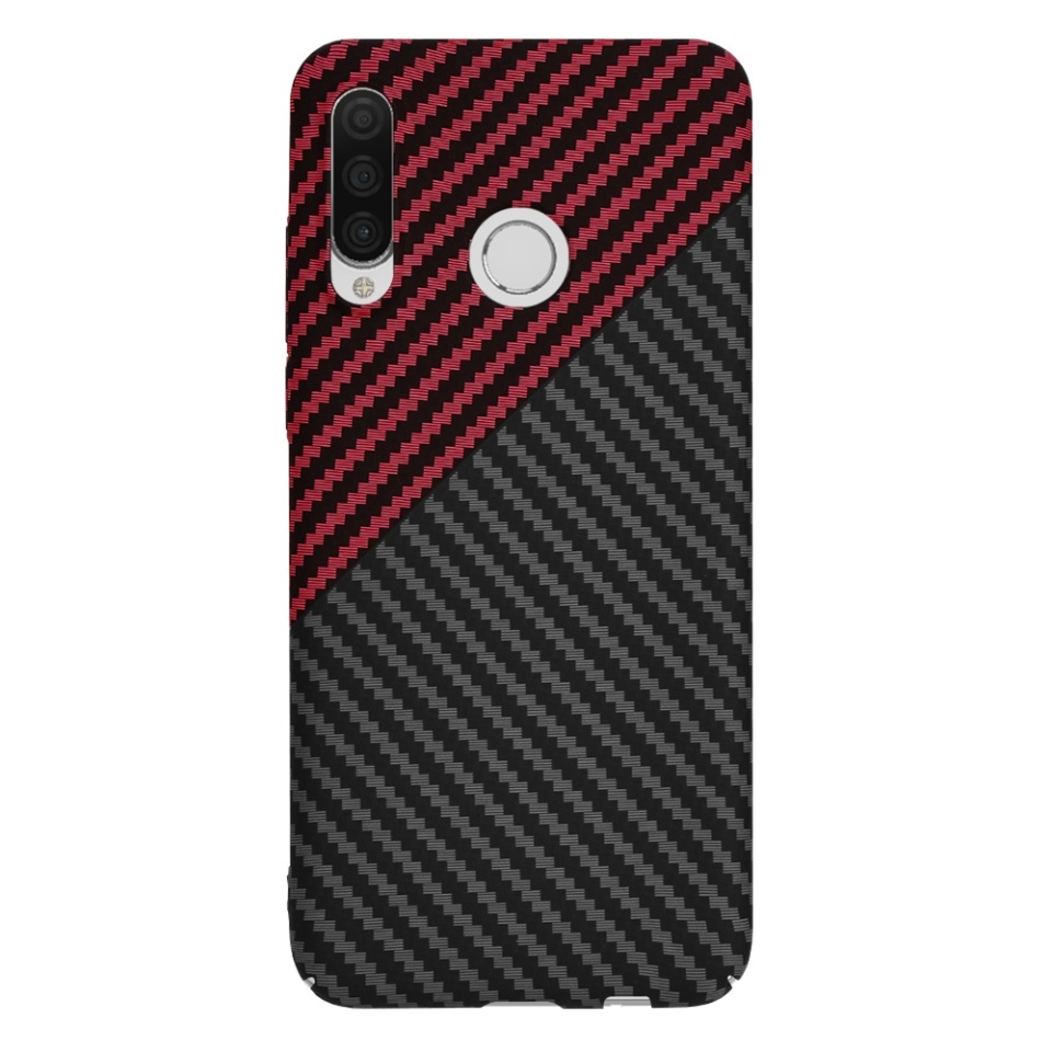 Husa pentru Huawei P30 Lite / P30 Lite New Edition, SKYDDAR INNOVATION, textura carbon, Carbonite FiberShell, set cu sticker, Rosu inchis, - 2 | YEO