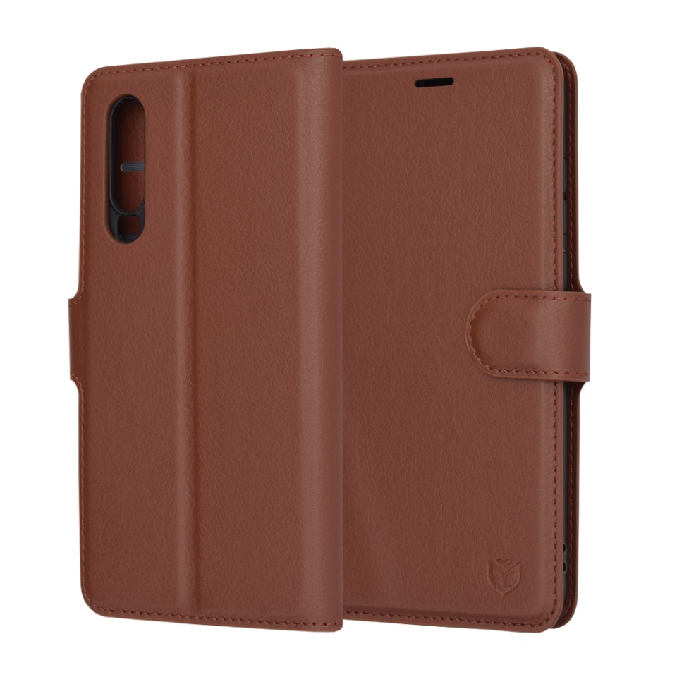 Husa pentru Huawei P30 tip Carte, cu Portofel Interior, Finisaje Premium, SKYDDAR Leather Wallet - Maro