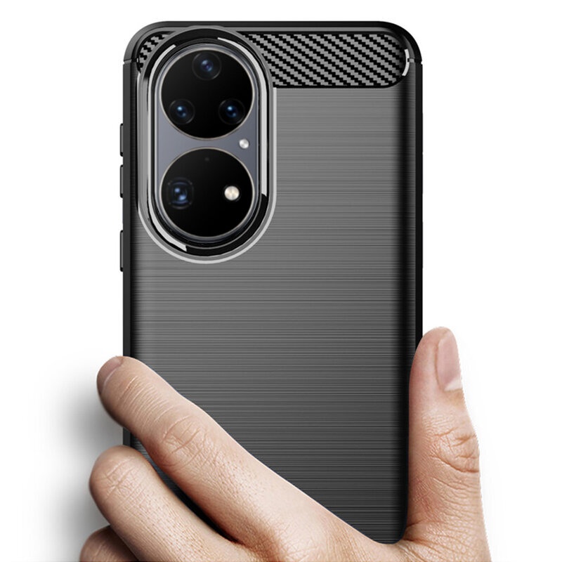 Husa pentru Huawei P50 Pro, SKYDDAR INNOVATION, Carbon Silicone, din Silicon Slim, cu textura Fibra Carbon, set cu sticker, Negru - 1 | YEO