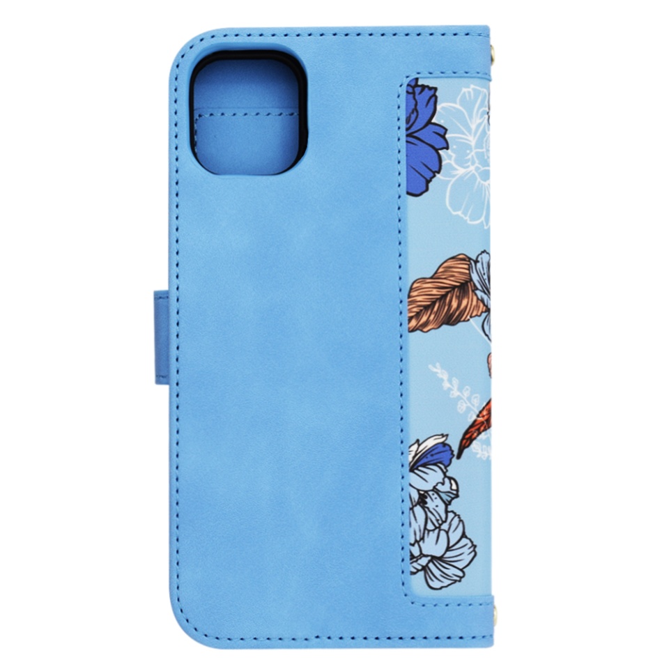 Husa pentru iPhone 11 din Piele Ecologică cu Design Floral, Protecție 360°, Stand Integrat, Buzunare pentru Carduri, SKDR Floral Wallet - Bleu - 3 | YEO