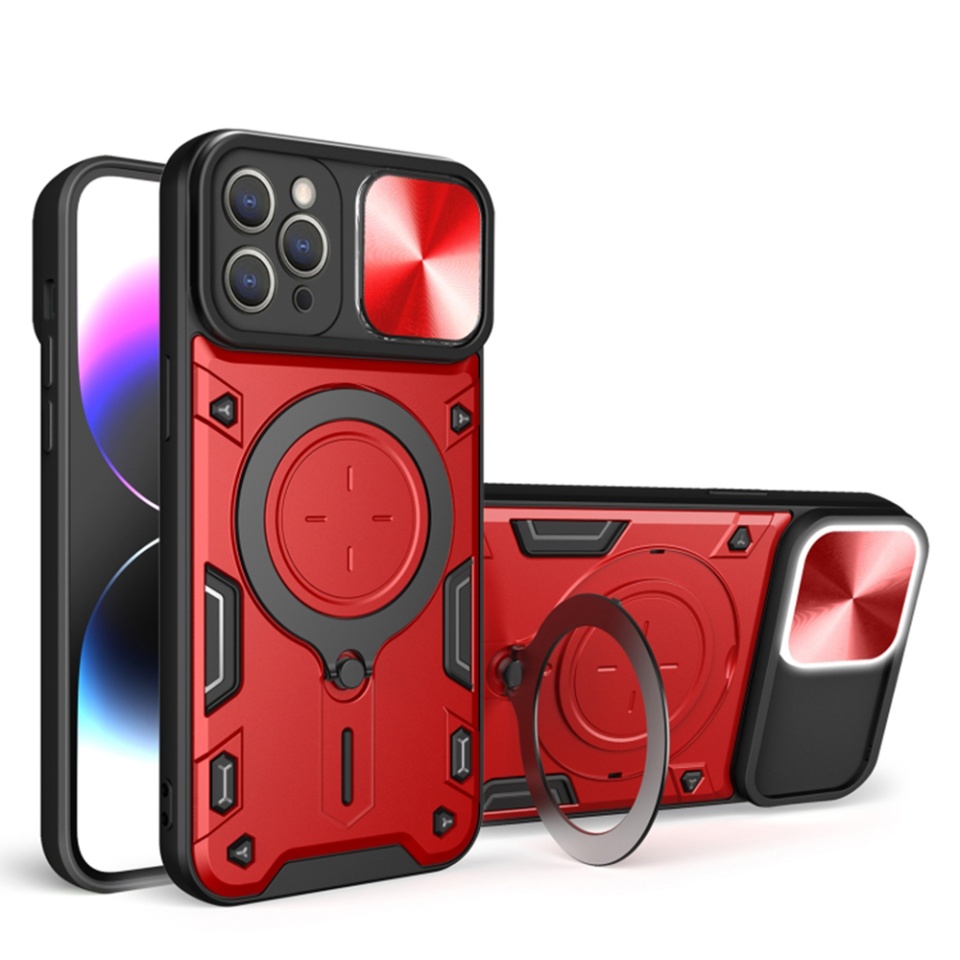 Husa pentru iPhone 11 Pro Max, cu inel magnetic si suport ajustabil, protecție completa camera, SKDR SafeCover - Rosu