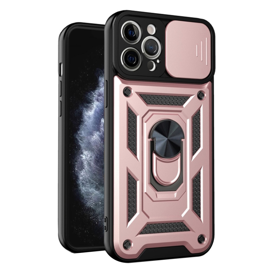 Husa pentru iPhone 11 Pro Max, SKYDDAR INNOVATION, CamShield, Inel magnetic, set cu sticker, Roz