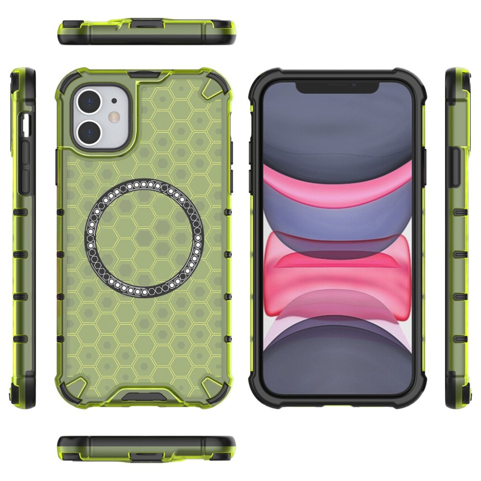 Husa pentru iPhone 11, SKYDDAR INNOVATION, HoneyComb Shield MagSafe, Antisoc, set cu sticker, Verde - 3 | YEO