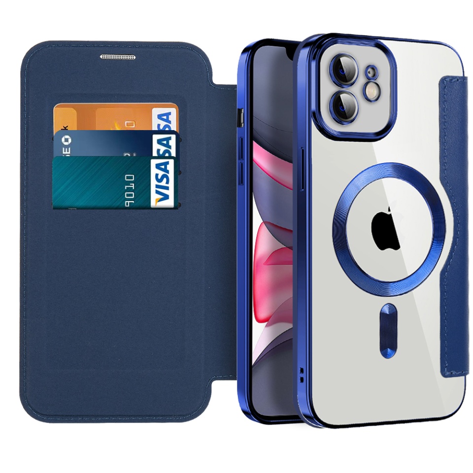 Husa pentru iPhone 11 tip carte, SKYDDAR INOVATION, SmartMag Book, Magsafe, RFiD, Suport Carduri, set cu sticker, Albastru