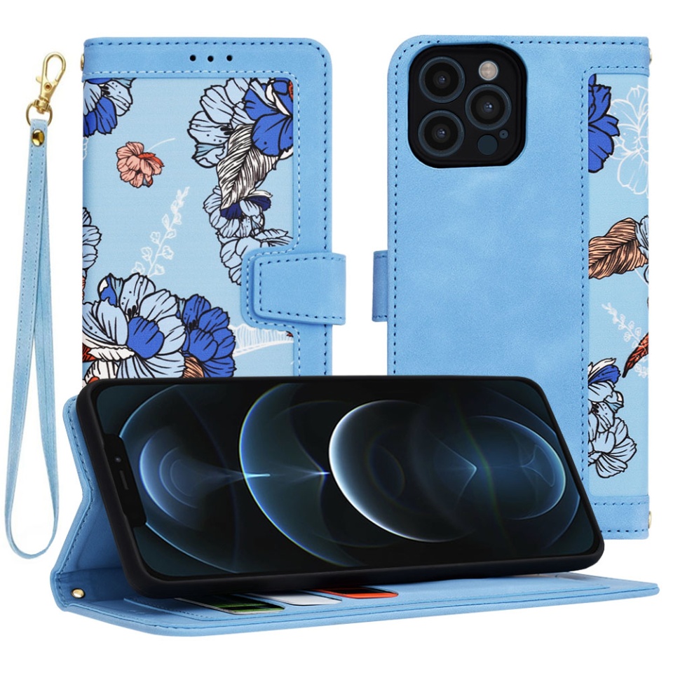 Husa pentru iPhone 12 Pro Max din Piele Ecologică cu Design Floral, Protecție 360°, Stand Integrat, Buzunare pentru Carduri, SKDR Floral Wallet - Bleu