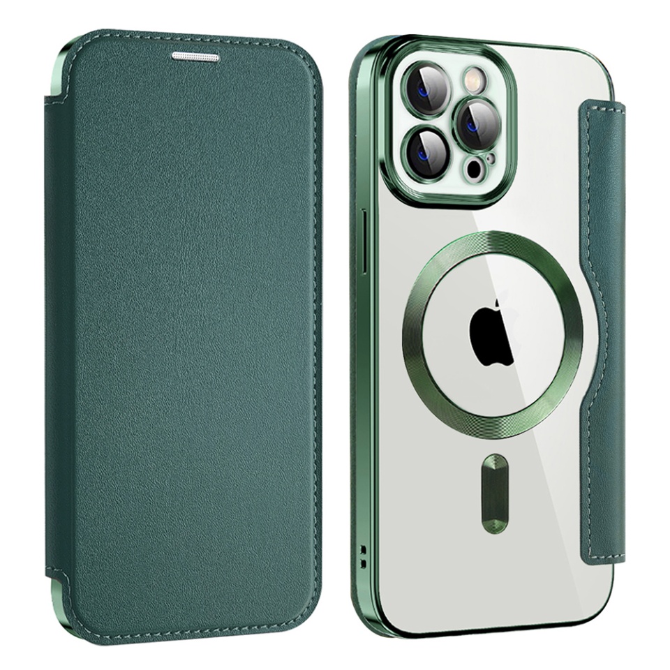 Husa pentru iPhone 12 Pro Max tip carte, SKYDDAR INOVATION, SmartMag Book, Magsafe, RFiD, Suport Carduri, set cu sticker, Verde - 1 | YEO