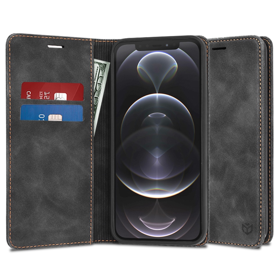 Husa pentru iPhone 12 Pro, SKYDDAR INNOVATION, Soft Wallet, tip Carte din piele Eco Premium, cu Portofel Interior, Negru, set cu sticker