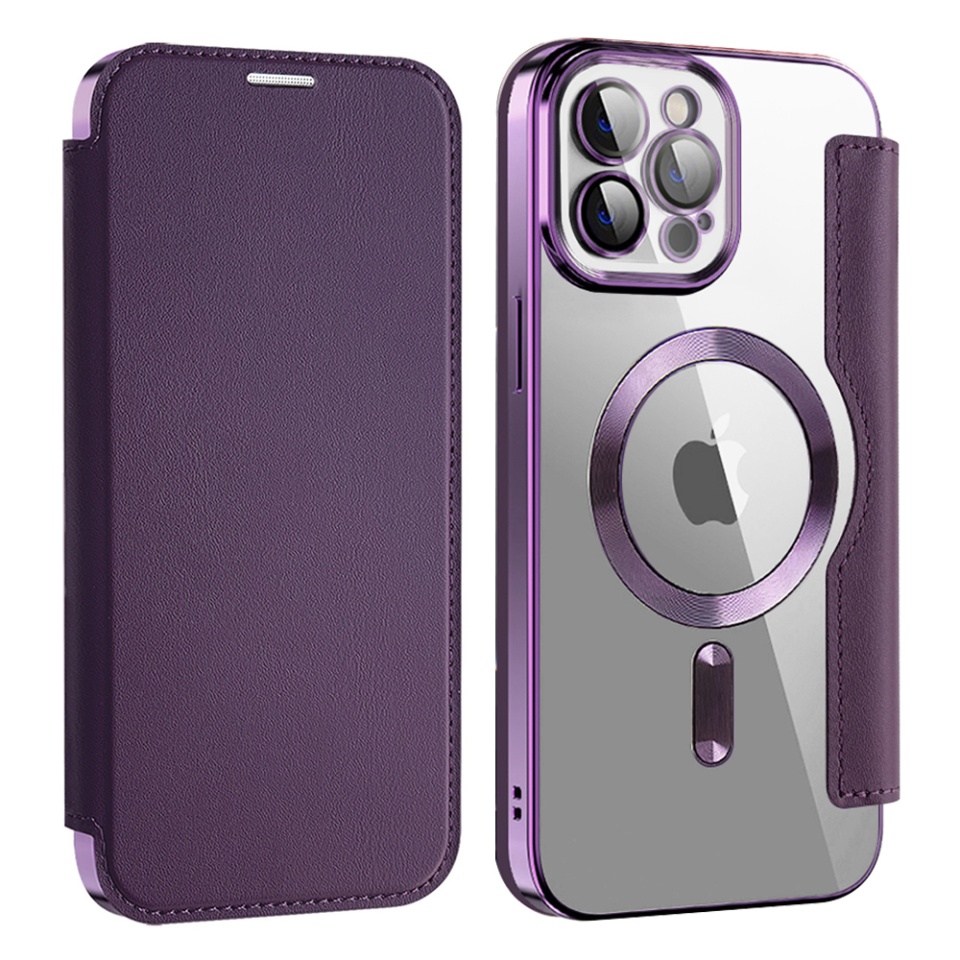 Husa pentru iPhone 12 Pro tip carte, SKYDDAR INOVATION, SmartMag Book, Magsafe, RFiD, Suport Carduri, set cu sticker, Mov - 1 | YEO